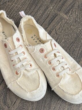 Vionic Canvas Slip-On Sneakers in Ivory with Rose Gold Accents